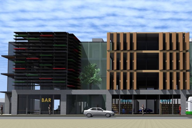Corner of St. Asaph and Madras Street by Thom Craig Architects and AMO. A modular mixed-use retail and office building with a micro-pile foundation system. A car stacker maximises space. The long facade is broken up with different facade treatments.