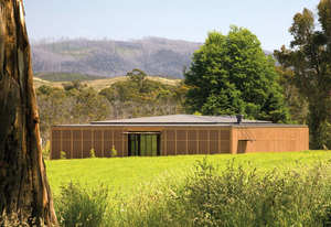 The Narbethong Community Hall, by BVN and Arup and a number of consultants working pro bono, replaced a centre that was destroyed in the Black Saturday fires in 2009. The hall is wrapped in a bronze mesh fire-resistant screen