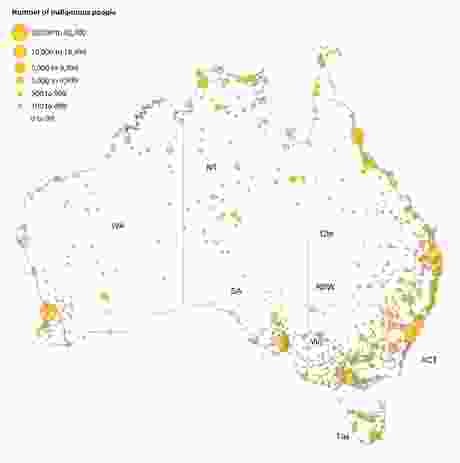 Map of Indigenous settlements and population distributions across Australia, 2011, copyright Australian Institute of Health and Welfare (AIHW), “The health and welfare of Australia’s Aboriginal and Torres Strait Islander peoples,” Cat. No. IHW 147 (Canberra: AIHW, 2015), 14.