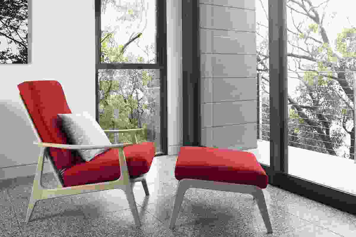 Tony Parker Showood Arm Chair in white oak, upholstered in red wool.