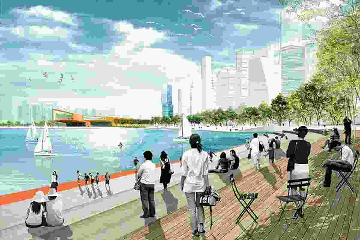 Render showing Qianhai as incorporating both water and vegetated open space.