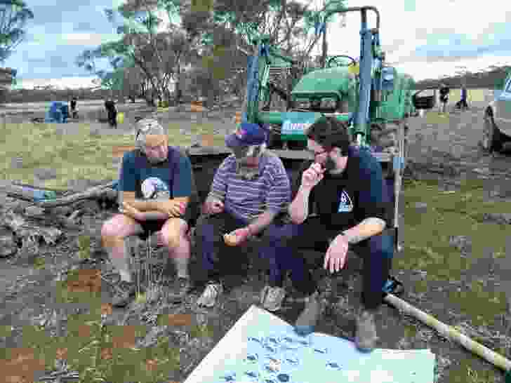 RMIT landscape architecture lecturer Jock Gilbert (left), Uncle Barry Pearce (middle) and Steve Mintern (right) at Culpra Station.