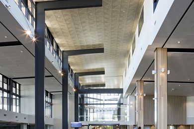 A wooden mosaic ceiling effect has been achieved by using decorative Supatile 10 ceiling tiles in The Corso, North Lakes, Qld – Australia's first public building with a 5-star Green Star rating.
