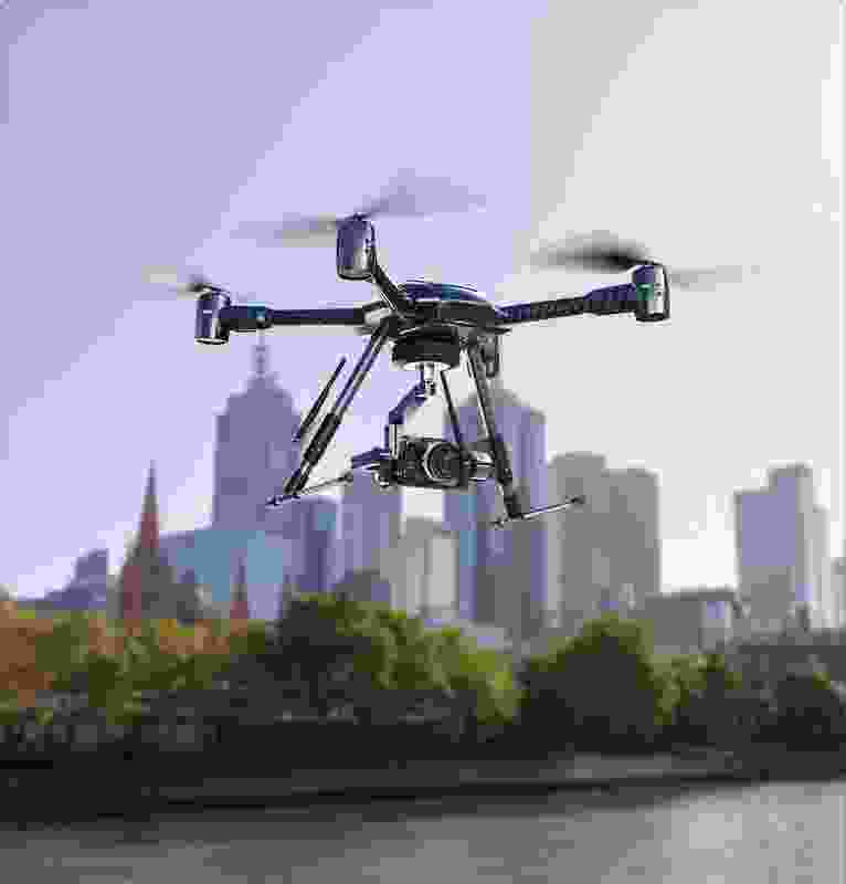 A Blackmagic Micro Cinema Camera attached to a drone.