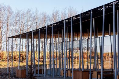 Two boxes – one clad in glass, the other in timber – stretch beneath a thin, undulating canopy.
