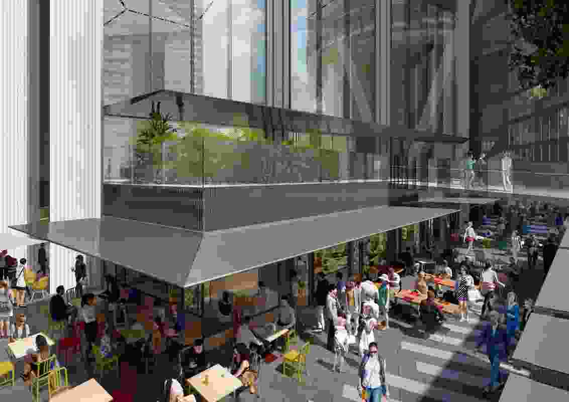 The proposed Circular Quay tower designed by Foster and Partners will have retail shopfronts at the ground level to activate the streets and laneways.