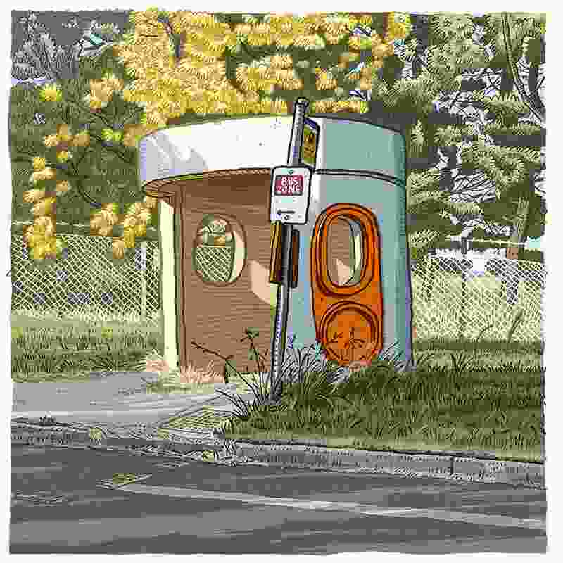 a bus shelter on Owen Dixon Drive, Evatt, as depicted by Trevor Dickinson.