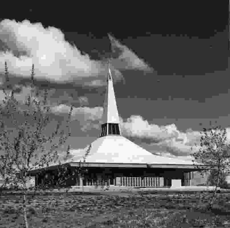 Holy Trinity Memorial Church in Canberra, ACT, by Frederick Romberg of Grounds, Romberg and Boyd (1961). The square-planned, “tent-roofed” Lutheran church was designed as a dual-purpose space combining worship and social functions.