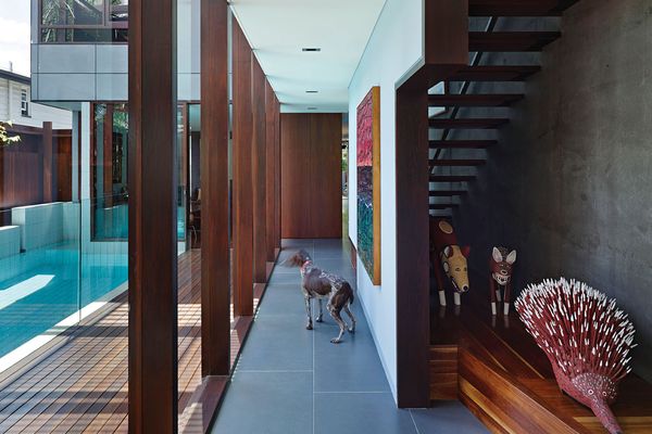 Detailing is a layered, intricate geometric composition of painted plaster and polished timber. Artwork: Michael Johnson (painting); Roderick Yunkaporta (left dog and echidna); Gary Namponan (right dog).