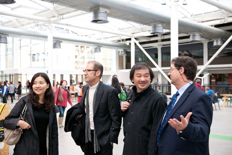 Shigeru Ban talks to University of Adelaide’s  new head of school (architecture), Dr George Zillante (far right). 