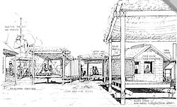 Drawing by Julian Wigley of a cookhouse unit and bower shades, with a timber floor platform located in a yard space near a house used during rainy periods. From B. Wigley and J. Wigley, “Community Planning Report: Barkly Region”, prepared for ATSIC on behalf of the Jurnkurakurr Aboriginal Resource Centre, 1990, p.58.