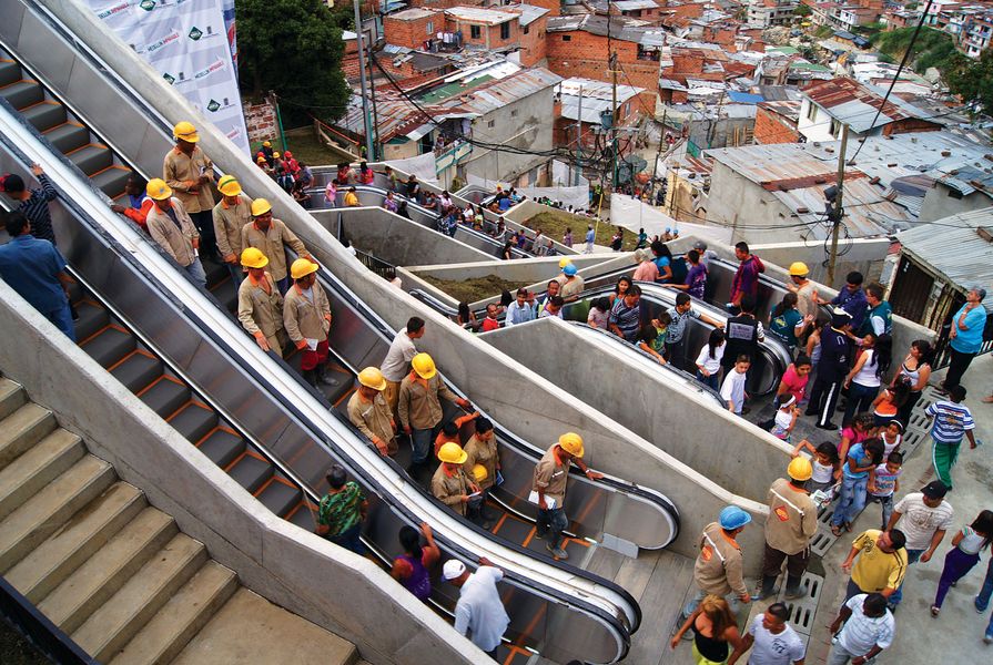 New escalators in Comuna, Medellín, reduce commuting time for 12,000 residents from thirty to about five minutes.