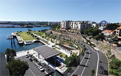 View north from the corner of Harris Street and Pirrama Road. The park’s waterfront promenade is an important link in the open space that extends from Glebe to Rushcutters Bay. Image: Brett Boardman