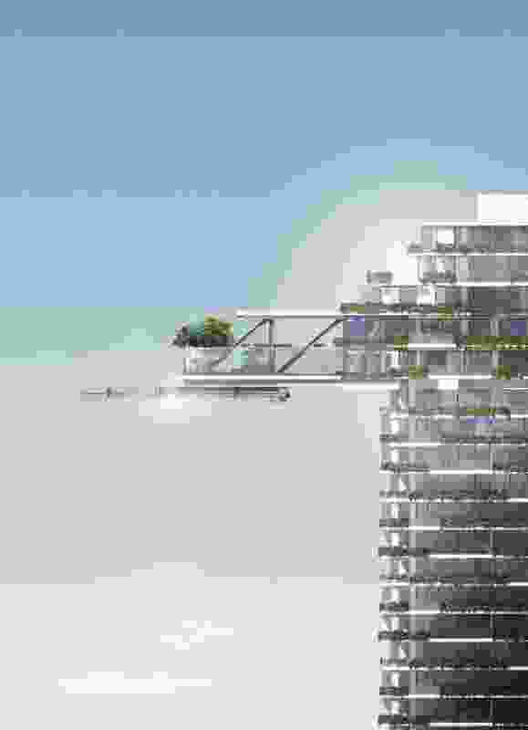 A render of the cantilevered sky garden with the heliostat beneath.