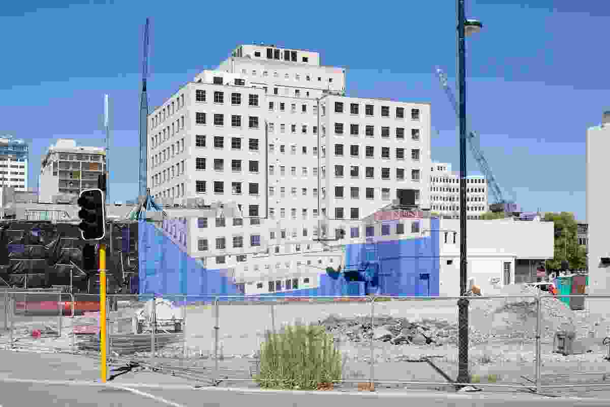 ‘Government Life Suspension’ (installation view), 2013, digital print shrouding structure slated for demolition, Christchurch, New Zealand