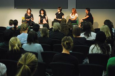 Discussion panel, (L-R) Sandra Kaji-O'Grady, Karen Burns, Hannah Tribe, Ninotschka Titchkosky, Justine Clark.