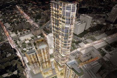Aerial view of the 60- and 25-storey towers by PTW Architects and 35-storey by Collins and Turner.