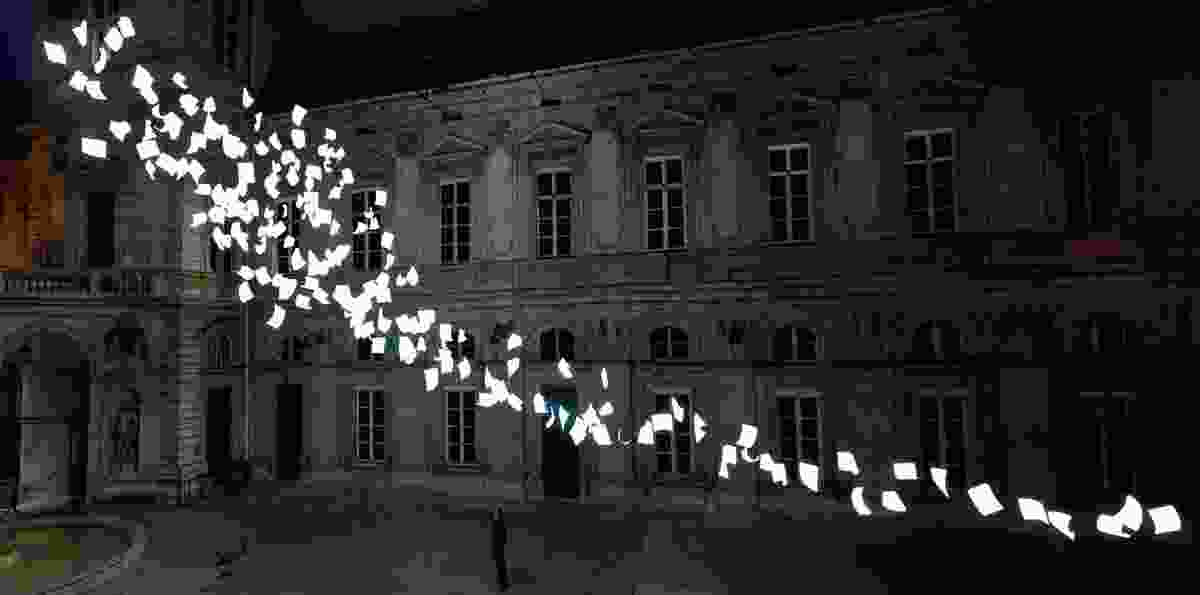 Paul Cocksedge, Bourrasque, 2011, electroluminescent material, 25x15m. Festival of Light, Lyon, France.