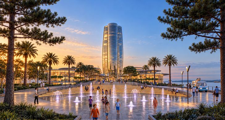 An “Aqua Plaza” is intended to greet visitors at the ground level of the foreshore development.
