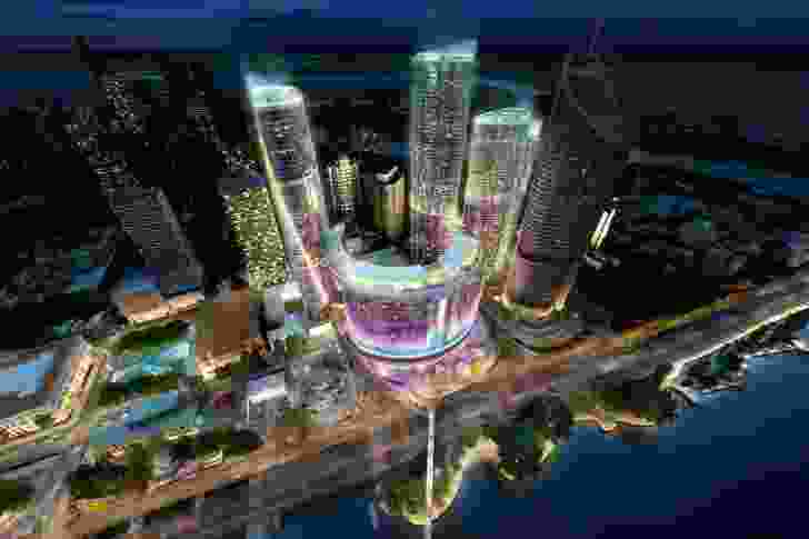 Aerial night view of the proposed Queens Wharf Brisbane casino resort masterplanned by Jerde Partnership.