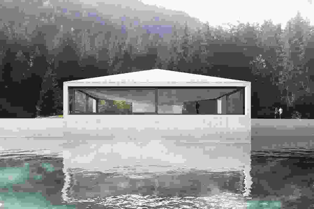 Proposed pavilion by Valerio Olgiati on the Caumasee, in Flims, Switzerland.