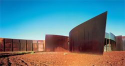 The remote Karijini National Park Visitors Centre, by Woodhead International. The weathered steel matches the red earth on which the building rests, constructing a reverential relationship to the landscape. Photograph John Gollings.