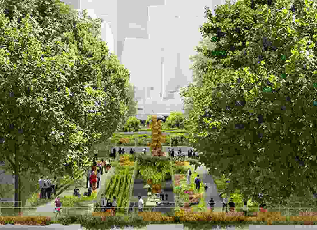 Hassell and SO–IL's proposed elevated inner-city park for Southbank's arts precinct.