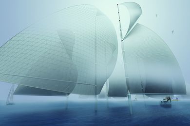 Regatta H2O by Christopher Sjoberg and Ryo Saito, winner of LAGI 2016 Santa Monica. Energy technology: aerostatic flutter wind harvesting (WindBelt™). Water technology: fog harvesting. Annual capacity: 70 MWh (used on site) and 112 million liters of drinking water.

