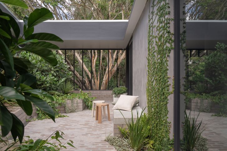 A jungle-like court at Bardon House separates sleeping and living zones.