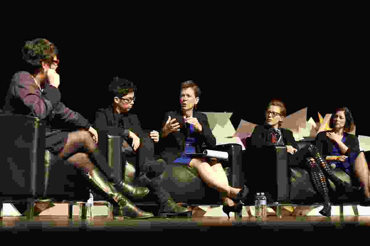 Parlour panel at 2014 National Architecture conference, L–R: Justine Clark, Naomi Stead, Helene Combs Dreiling (president of American Institute of Architects), Emma Williamson, and Beth Miller (Community Design Collaborative). 