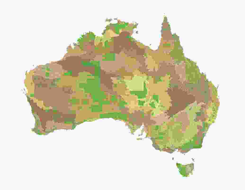 1. Australia’s Eighty-five IBRA Bioregions and 405 Subregions superimposed with current protected areas in green.
