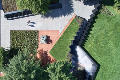 The 2018 NGV Architecture Commission Doubleground reflects on the fractured nature of memory and the iconic Roy Grounds-designed spaces of its location. Bottom left: Draped Seated Woman (1958), Henry Moore.