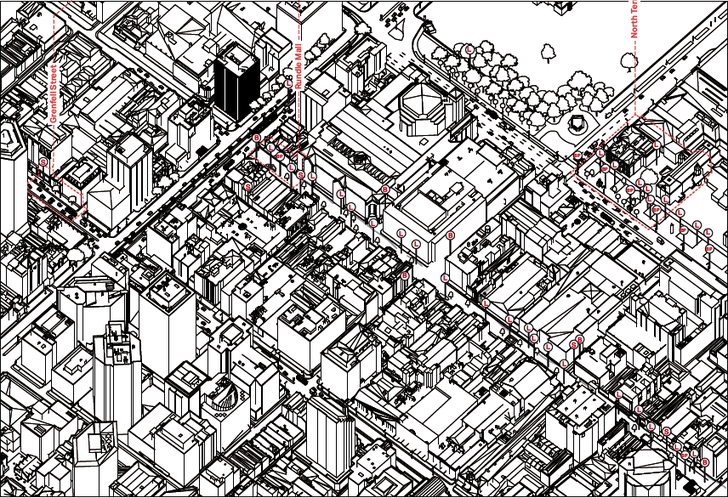 A map of defensive and hostile architecture in Adelaide produced as part of the “Hiding in Plain Site" project.