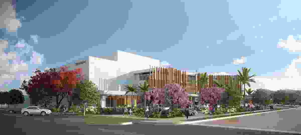 Proposed view of Cox Rayner's Cairns Performing Arts Centre from corner of Florence and Grafton Streets.