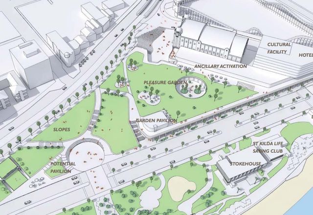 The plans for the St Kilda Triangle feature two pavilions, a cultural facility, a boutique hotel, an ampitheatre, a forecourt and a green space dubbed "the pleasure garden".