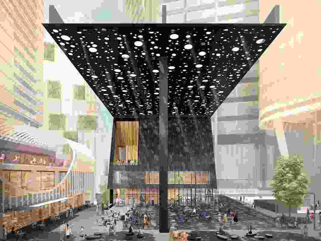 The proposed plaza and building on Sydney's George Street designed by David Adjaye and Daniel Boyd.