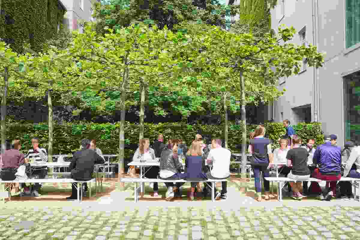 A planted courtyard with a café and restaurant outside David Chipperfield Architects' office.