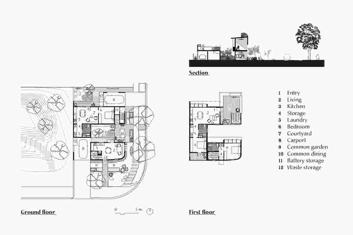 Plans and section of the Gen Y Demonstration Housing project by David Barr Architects.