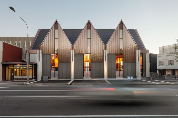 Wilkie + Bruce Architects has created a modern and lightweight interpretation of the church’s original exterior with its distinctive peaked roofline.