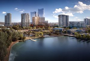 The view of Fender Katsalidis Architects’ Republic – set to become Canberra's tallest building – from Lake Ginninderra.