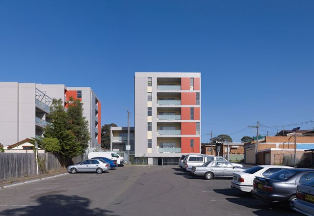 View west between the two buildings in the Dutton Street project