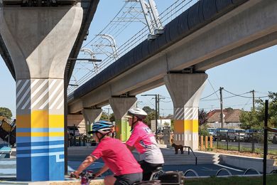 Raising the railway line above ground, as Cox Architecture did for their work along the Caulfield to Dandenong Corridor, provides an opportunity to transform the land beneath.