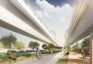 A linear park designed by Aspect Studios would be created underneath an elevated section of the proposed “sky rail.”