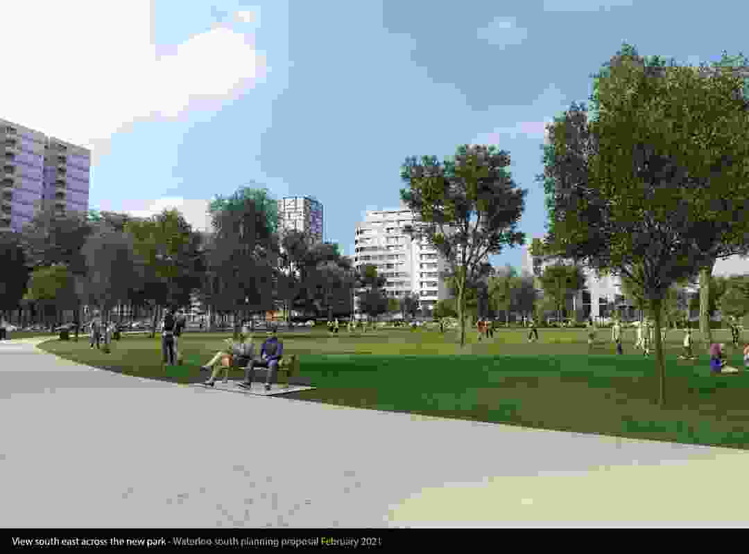 The City of Sydney's proposal for Waterloo Estate South, the view south-east across the new park.