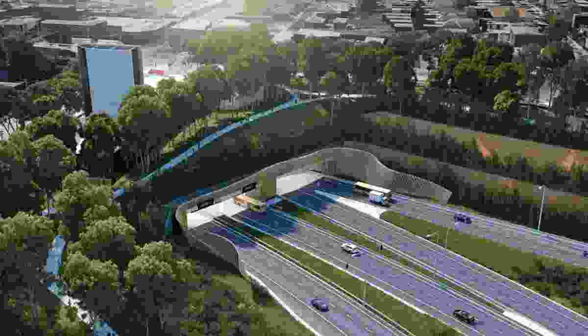 A visualization of the WestConnex M5 project at St Peters, Sydney, which will see the destruction of 500 trees at the southern end of Sydney Park. 