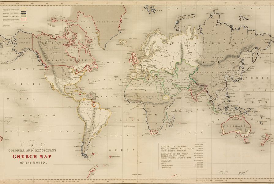 The Church of England’s world map from 1843 delineating its colonies and Christian and “Heathen” territories.
