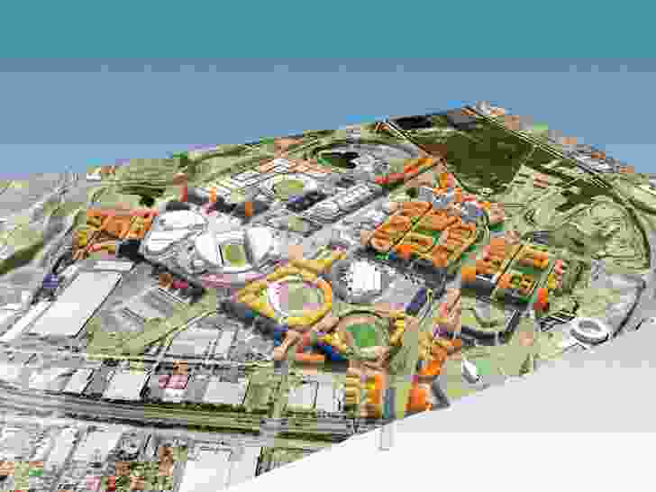 “City block model” showing perimeter block housing adjacent to major sporting facilities.