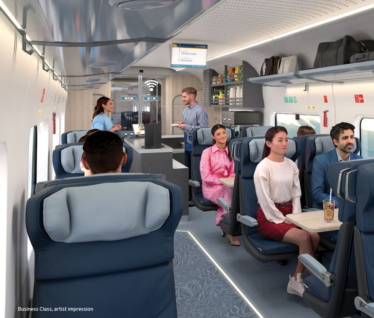 Future stages will see connections established between capital cities and regional centres, before being linked together in an entire rail network. Pictured: vision of Business Class train carriage.