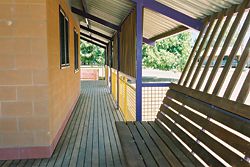 Variations on a house type at Doomadgee. Three house types were built here, with variations including open or enclosed kitchen/living relationships, verandah arrangements, egress, and bedroom adjacency relationships. Photographs Kerry Trapnell.