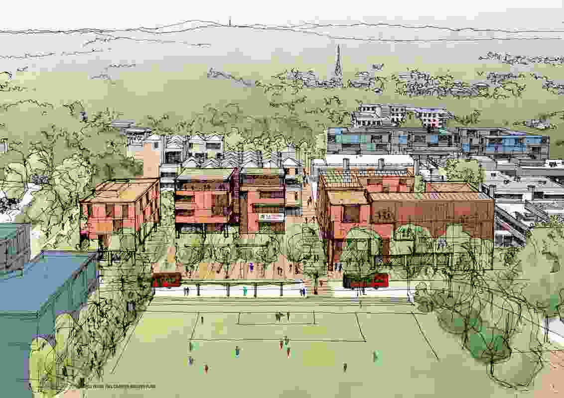La Trobe University, Bendigo campus masterplan 'front door' by MGS Architects, viewed from Ellis Streets.